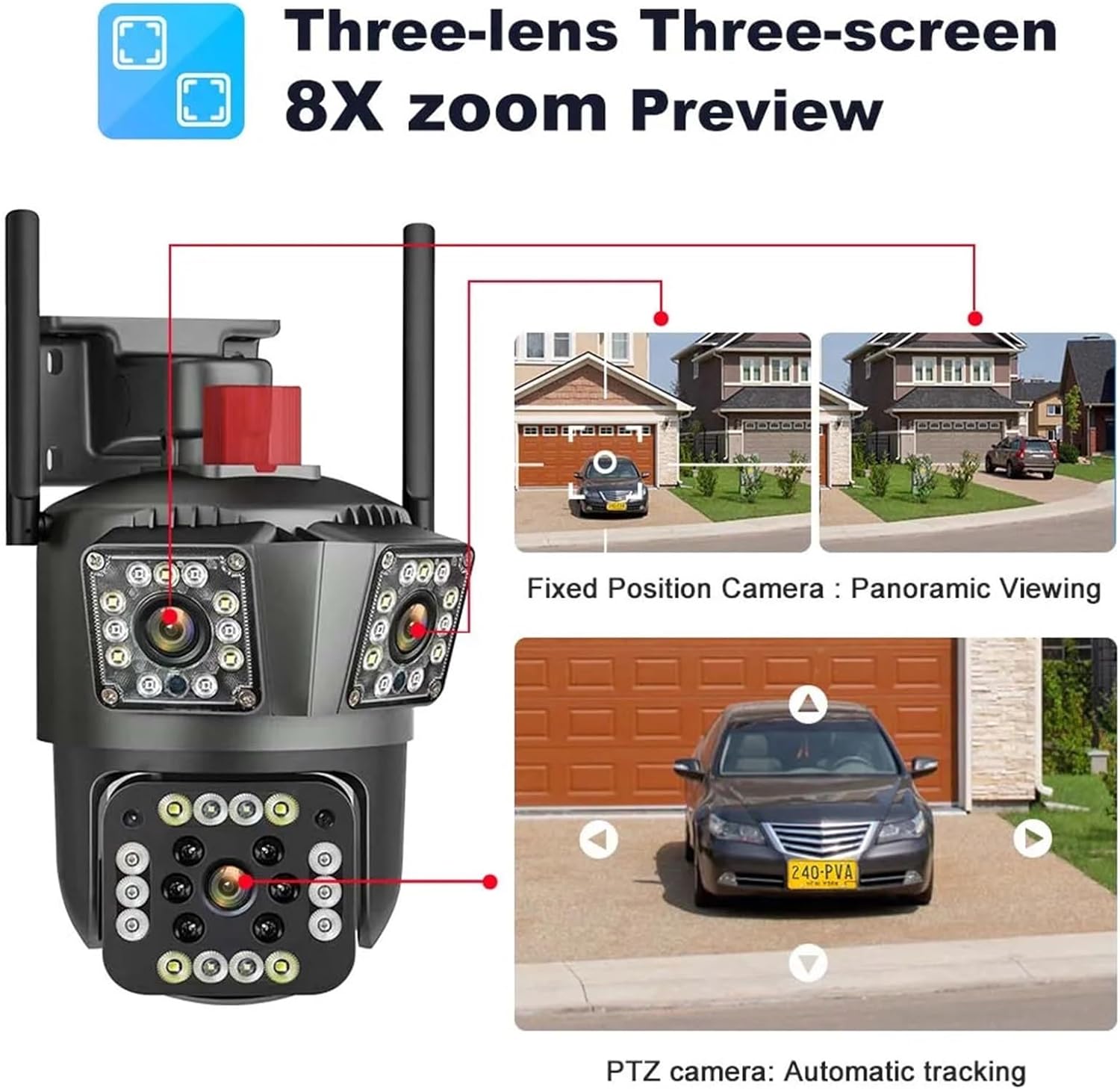 Caméra de Surveillance PTZ  WiFi Triple Objectif – Double Antenne & Vision Nocturne HD