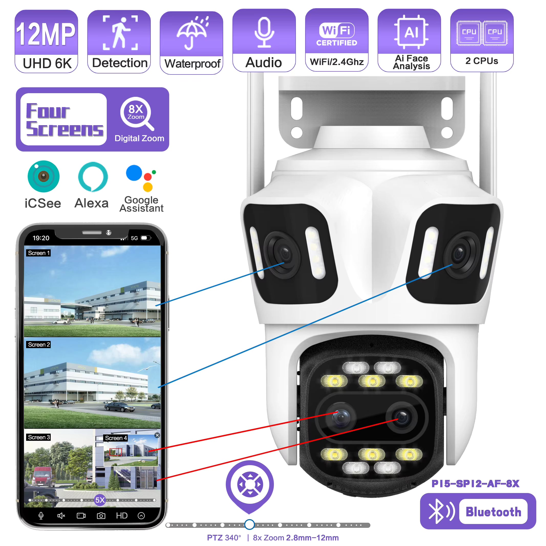 Caméra de Surveillance PTZ HongGlobal  WiFi Double Objectif 12MP – Vision Nocturne Couleur 6K