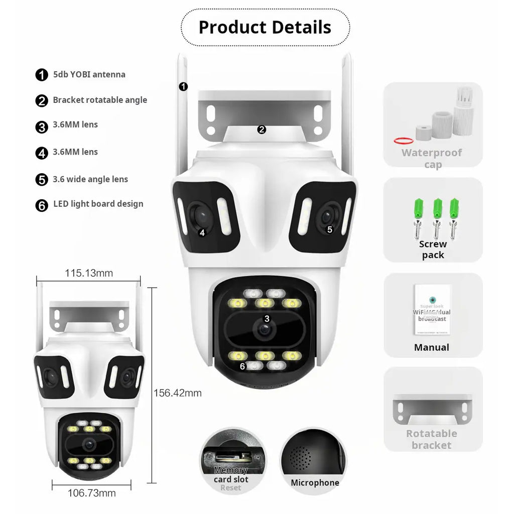 Caméra de Surveillance PTZ HongGlobal  WiFi Double Objectif 12MP – Vision Nocturne Couleur 6K