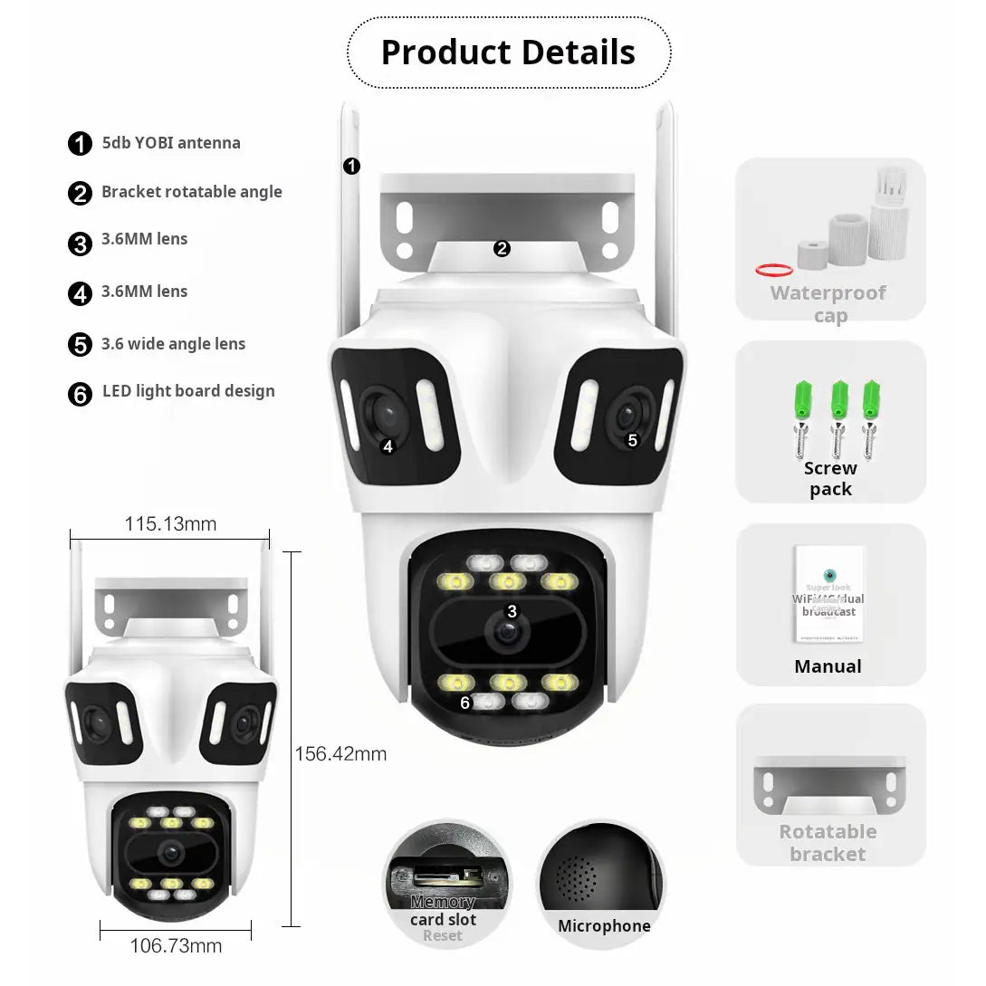 Caméra de Surveillance PTZ HongGlobal  WiFi Double Objectif 12MP – Vision Nocturne Couleur 6K